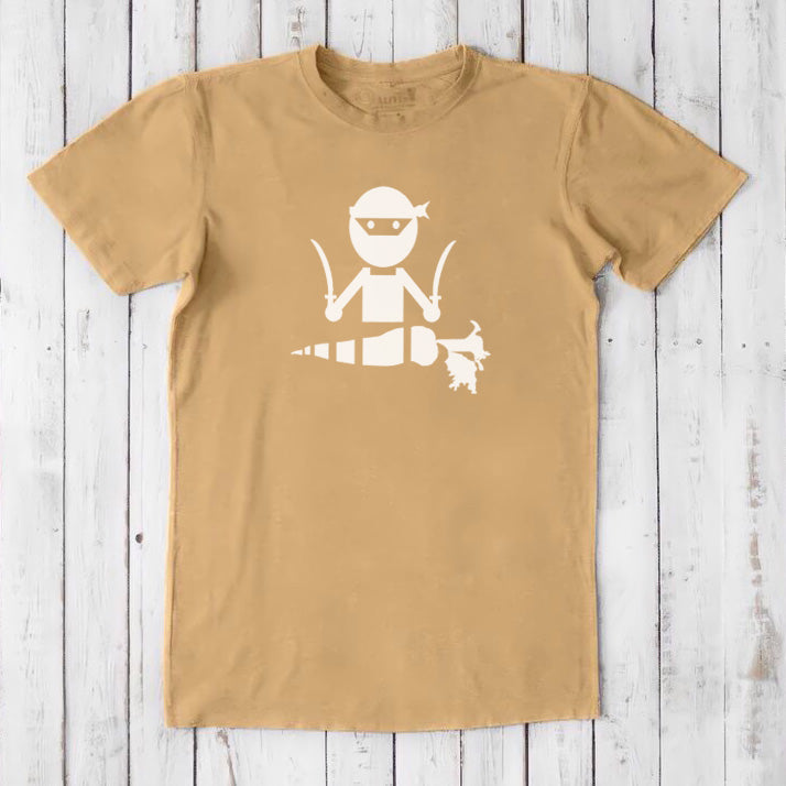 Mustard yellow men's vegan T-shirt in bamboo and organic cotton with white 'Veggie Ninja' graphic, fun and eco-conscious apparel.