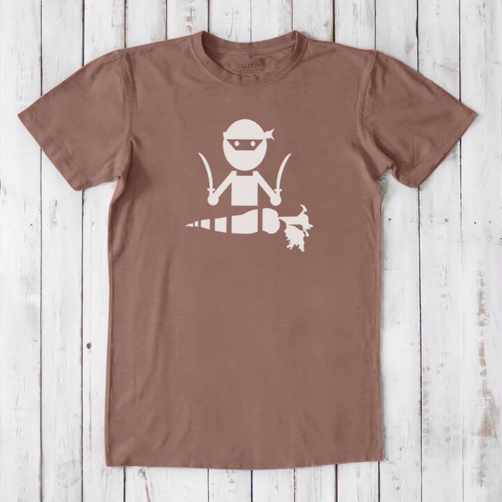 Light brown men's vegan T-shirt in bamboo and organic cotton with white 'Veggie Ninja' print, ideal for vegetarian lifestyle gifting.