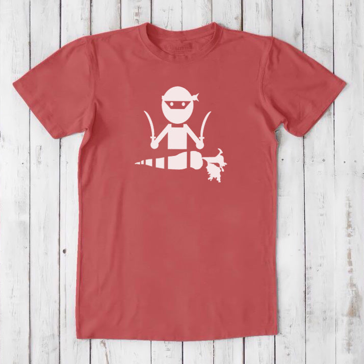 Red men's vegan T-shirt in bamboo and organic cotton with white 'Veggie Ninja' graphic, humorous and eco-friendly gift for vegetarians.