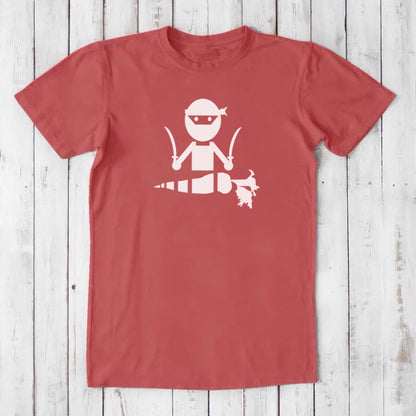 Red men's vegan T-shirt in bamboo and organic cotton with white 'Veggie Ninja' graphic, humorous and eco-friendly gift for vegetarians.