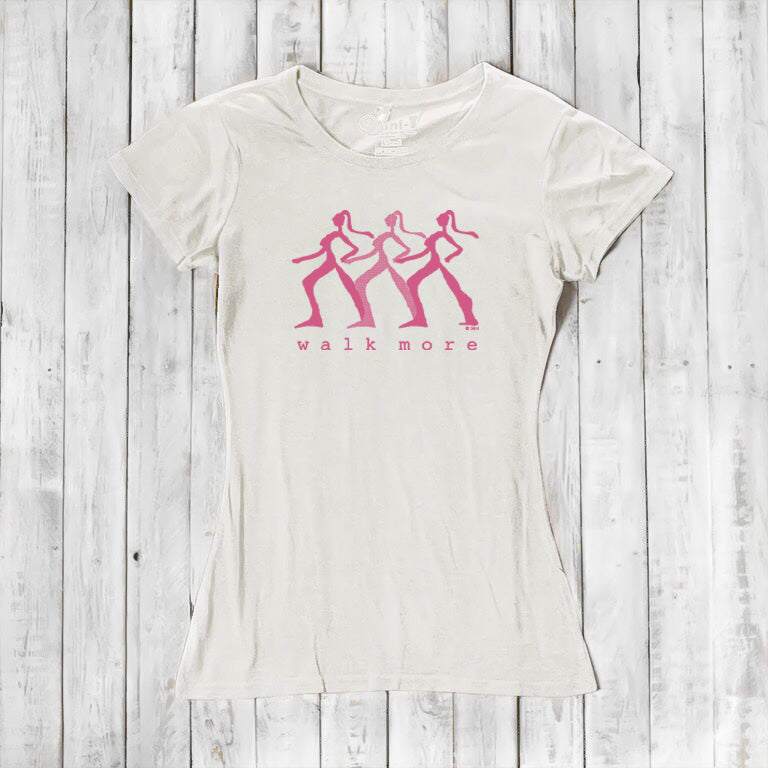 Women's Walking T-Shirt in Bamboo & Organic Cotton in off-white with pink 'Walk More' graphic. Sustainable fitness tee for hikers and walkers.