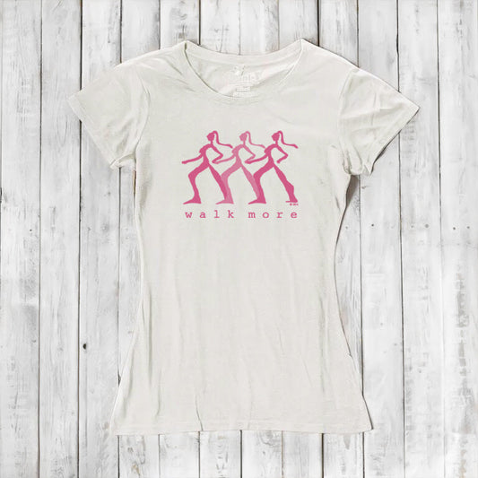 Women's Walking T-Shirt in Bamboo & Organic Cotton in off-white with pink 'Walk More' graphic. Sustainable fitness tee for hikers and walkers.
