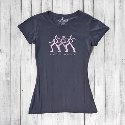 Dark navy Women's Walking T-Shirt in Bamboo & Organic Cotton featuring pink 'Walk More' quote. Eco-friendly gift for fitness lovers.