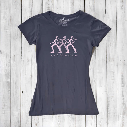 Dark navy Women's Walking T-Shirt in Bamboo & Organic Cotton featuring pink 'Walk More' quote. Eco-friendly gift for fitness lovers.