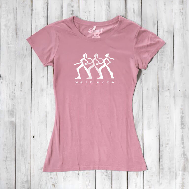 Rustic pink Women's Walking T-Shirt in Bamboo & Organic Cotton with white 'Walk More' design. Motivational and sustainable hiking apparel.