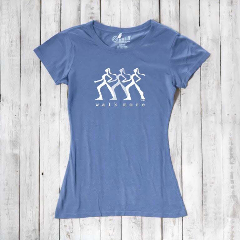 Ocean blue Women's Walking T-Shirt in Bamboo & Organic Cotton with white 'Walk More' graphic. Ideal eco-conscious gift for active women.