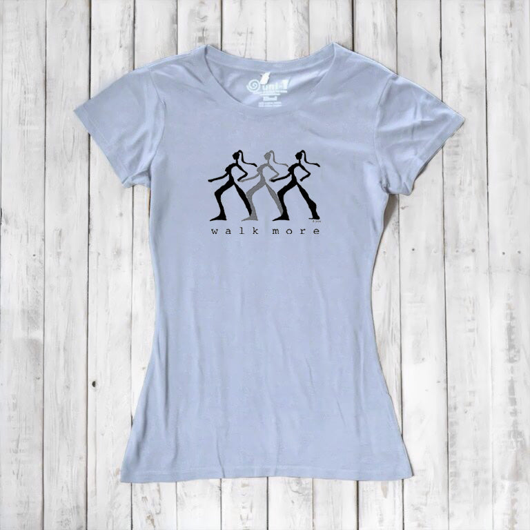Light blue Women's Walking T-Shirt in Bamboo & Organic Cotton with black 'Walk More' silhouette design. Comfortable and eco-friendly top.