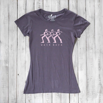Dark purple Women's Walking T-Shirt in Bamboo & Organic Cotton with pink 'Walk More' graphic. Great sustainable gift for hikers and walkers.