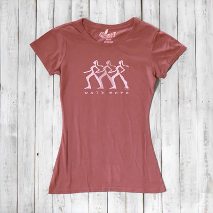 Red clay Women's Walking T-Shirt in Bamboo & Organic Cotton with white 'Walk More' print. Motivational and breathable hiking top.