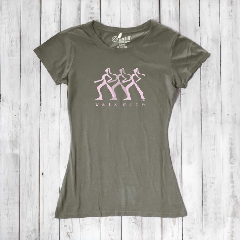 Olive green Women's Walking T-Shirt in Bamboo & Organic Cotton with pink 'Walk More' design. Eco-conscious activewear for outdoor lovers.
