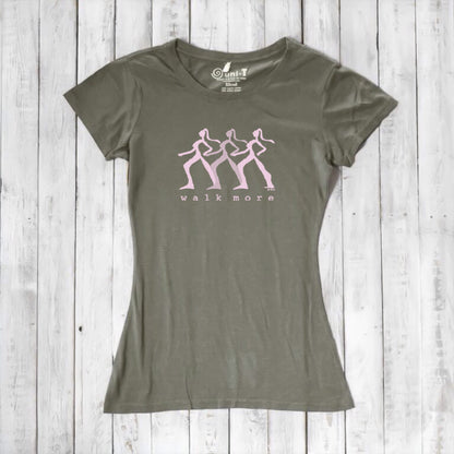 Olive green Women's Walking T-Shirt in Bamboo & Organic Cotton with pink 'Walk More' design. Eco-conscious activewear for outdoor lovers.