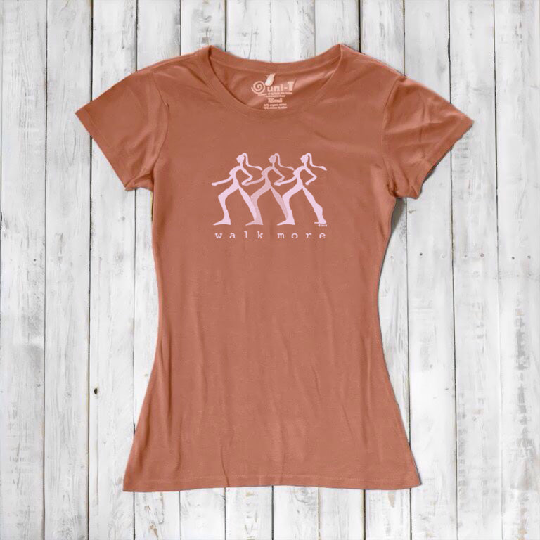 Terracotta Women's Walking T-Shirt in Bamboo & Organic Cotton with white 'Walk More' graphic. Sustainable and stylish gift for hikers.