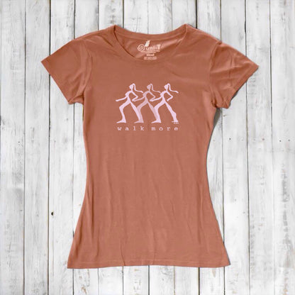 Terracotta Women's Walking T-Shirt in Bamboo & Organic Cotton with white 'Walk More' graphic. Sustainable and stylish gift for hikers.