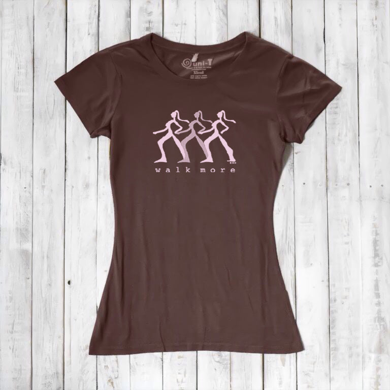 Brown Women's Walking T-Shirt in Bamboo & Organic Cotton with pink 'Walk More' design. Comfortable and eco-friendly fitness apparel.