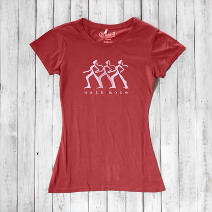 Red Women's Walking T-Shirt in Bamboo & Organic Cotton with white 'Walk More' graphic. Ideal sustainable gift for active women and hikers.