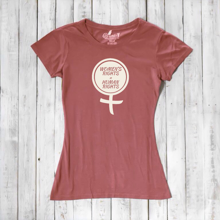 Rustic pink Women's Rights T-Shirt in bamboo and organic cotton with feminist symbol and 'Women's Rights Are Human Rights' text. Eco-friendly statement tee.