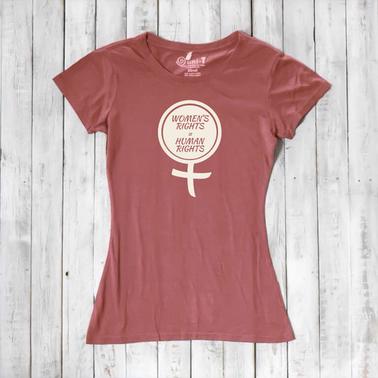 Rustic pink Women's Rights T-Shirt in bamboo and organic cotton with feminist symbol and 'Women's Rights Are Human Rights' text. Eco-friendly statement tee.
