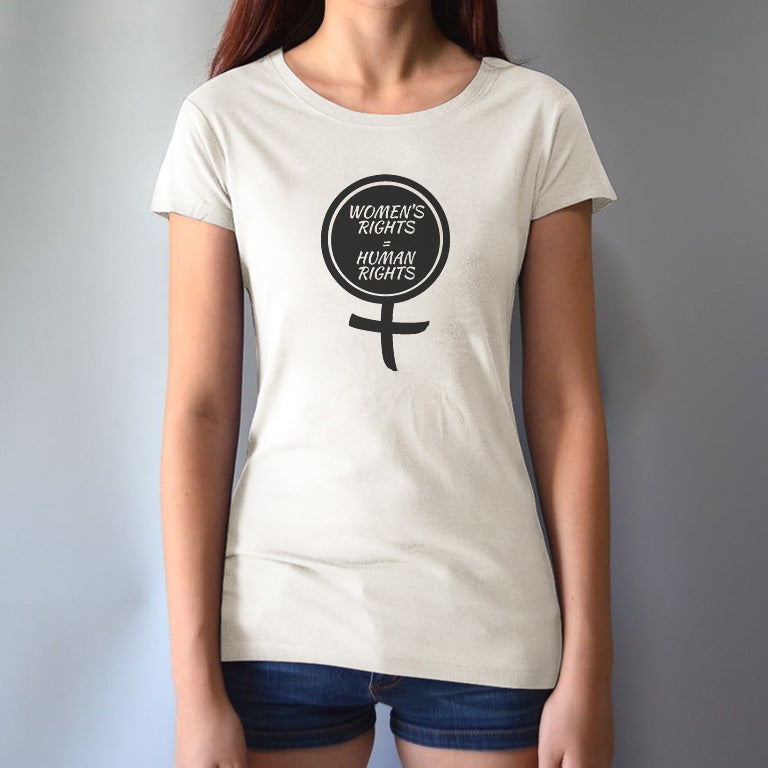 Model wearing ivory Women's Rights T-Shirt made from bamboo and organic cotton, featuring bold black feminist graphic. Ethical fashion for equality.