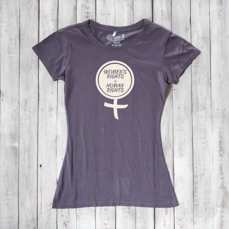 Dark purple Women's Rights T-Shirt in sustainable bamboo and organic cotton with cream feminist graphic. Empowering human rights apparel.