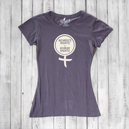 Dark purple Women's Rights T-Shirt in sustainable bamboo and organic cotton with cream feminist graphic. Empowering human rights apparel.