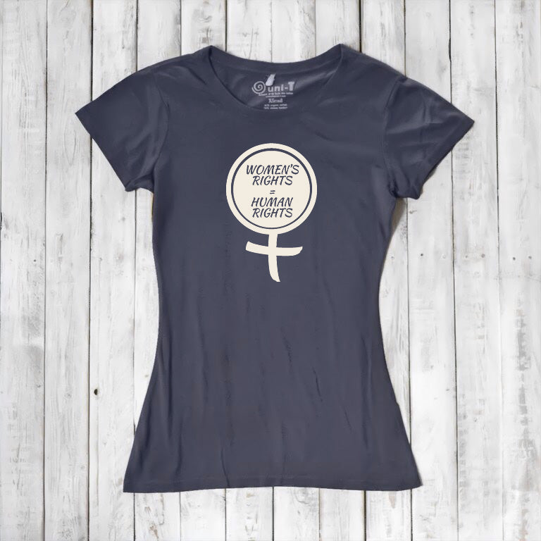 Navy Women's Rights T-Shirt in bamboo and organic cotton with cream feminist graphic. Sustainable fashion supporting gender equality.