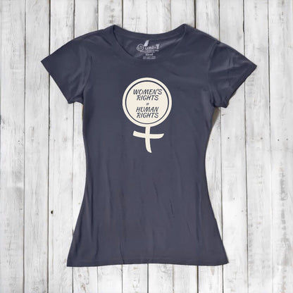 Navy Women's Rights T-Shirt in bamboo and organic cotton with cream feminist graphic. Sustainable fashion supporting gender equality.