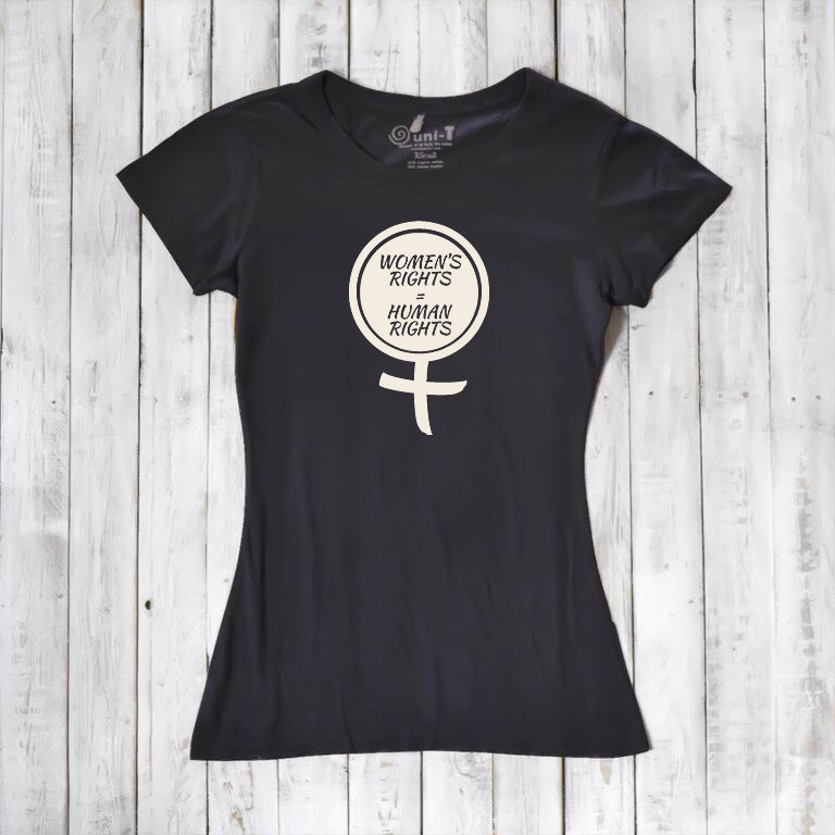 Black Women's Rights T-Shirt made from bamboo and organic cotton, featuring cream feminist symbol. Ethical tee promoting human rights.