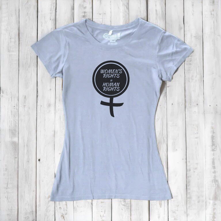 Light blue Women's Rights T-Shirt in bamboo and organic cotton with black feminist graphic. Soft, sustainable top for equality advocates.