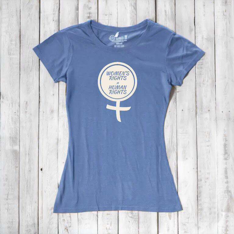 Ocean blue Women's Rights T-Shirt made from bamboo and organic cotton, featuring cream feminist symbol. Eco-conscious feminist apparel.