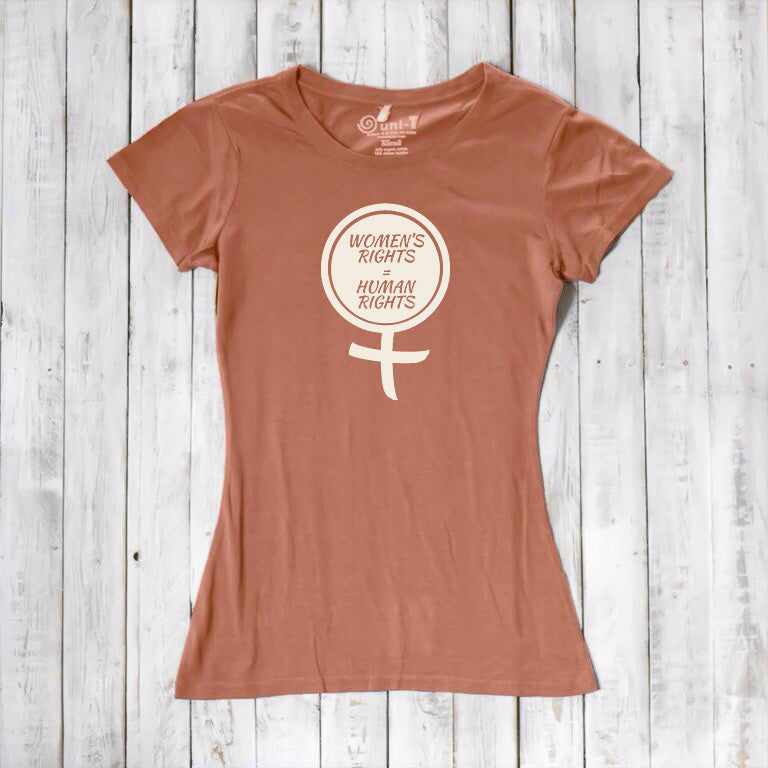 Red clay Women's Rights T-Shirt crafted from bamboo and organic cotton, featuring cream feminist symbol. Bold, ethical fashion choice.