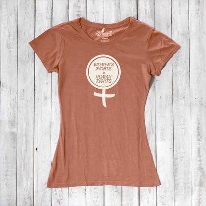 Red clay Women's Rights T-Shirt crafted from bamboo and organic cotton, featuring cream feminist symbol. Bold, ethical fashion choice.