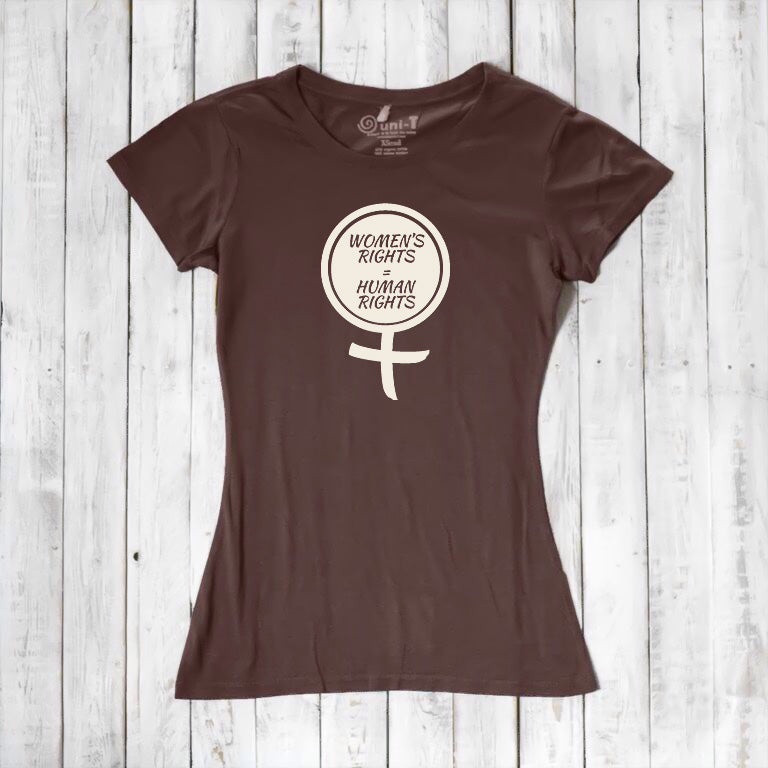 Dark brown Women's Rights T-Shirt in bamboo and organic cotton with cream feminist graphic. Eco-friendly tee supporting women's equality.