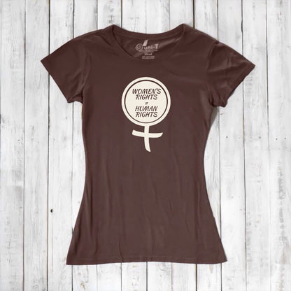 Dark brown Women's Rights T-Shirt in bamboo and organic cotton with cream feminist graphic. Eco-friendly tee supporting women's equality.