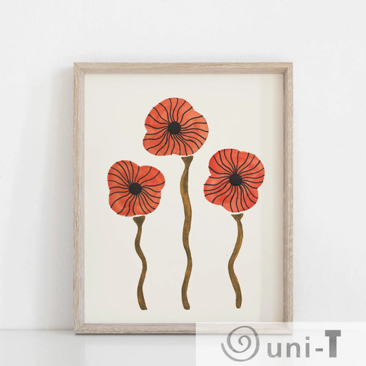 Wall Art Print Watercolor Poppies - Red, Orange, Green Pauline Stanley Studio
