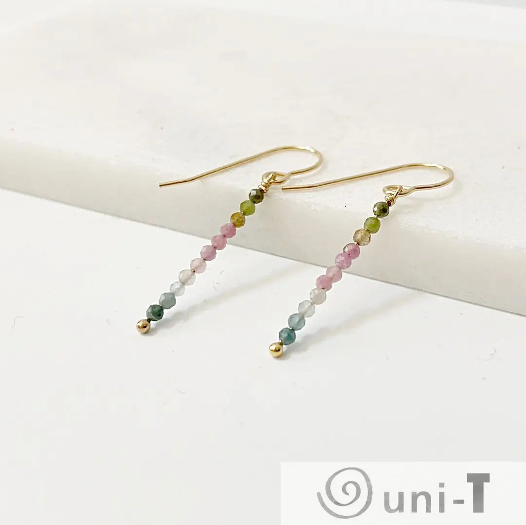 Watermelon Tourmaline Earrings - Glitter Stixx with sterling silver ear wires and multicolor 3mm beads, perfect for delicate jewelry lovers.