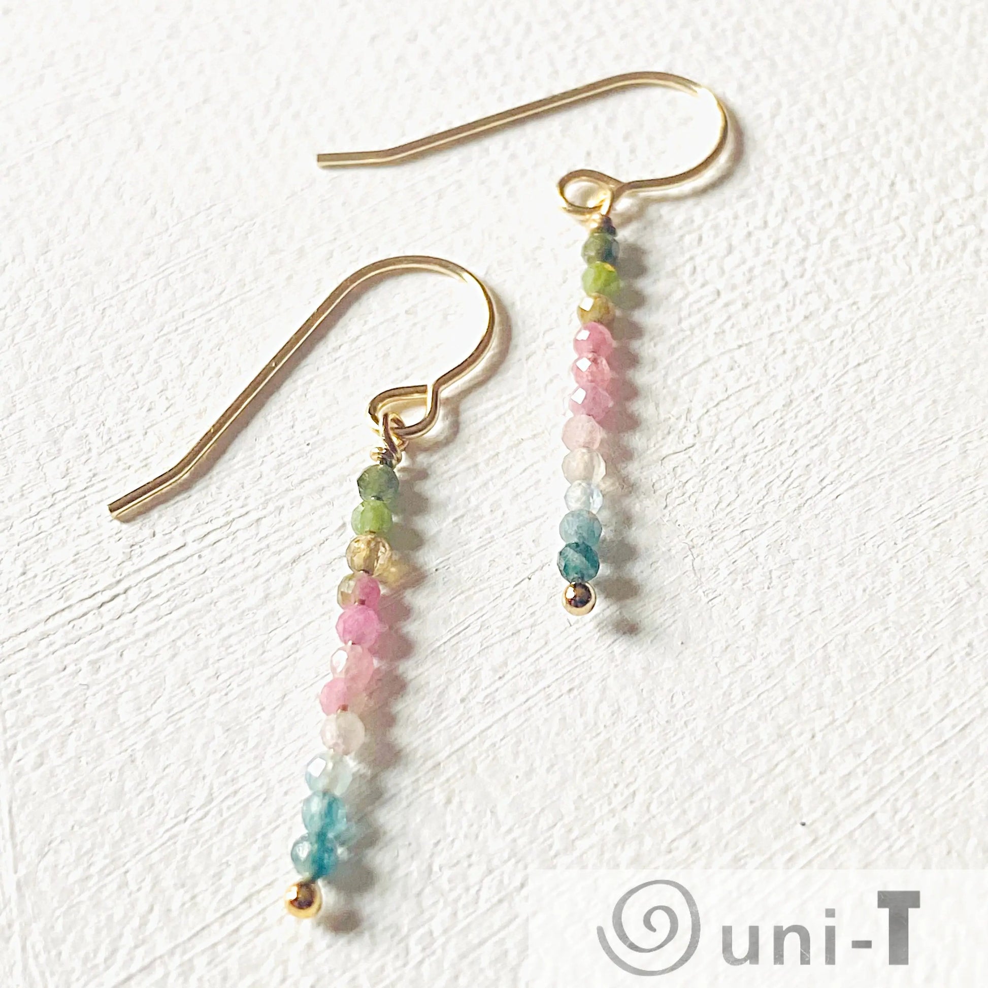Sterling silver Watermelon Tourmaline Earrings with 3mm multicolor beads, handcrafted for a minimalist yet colorful jewelry statement.