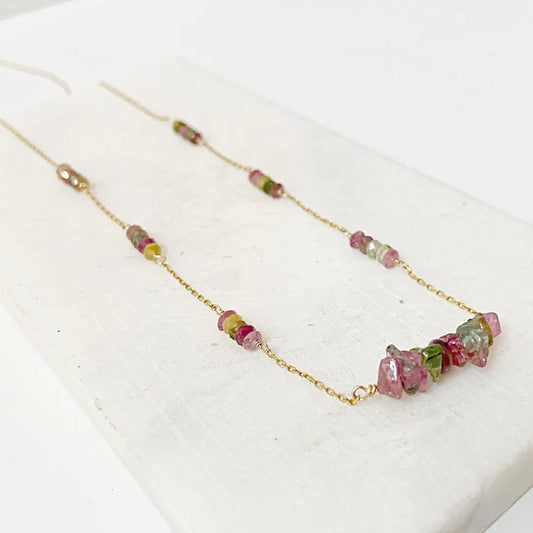 Floating Watermelon Tourmaline Necklace with pink and green gemstone beads on a delicate gold-filled chain, perfect for layering jewelry.