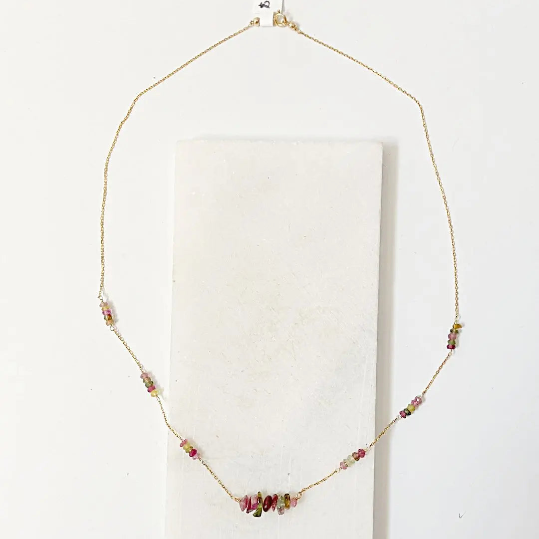Full view of Floating Watermelon Tourmaline Necklace showcasing pink and green gemstone clusters on a 19-inch gold-filled chain.