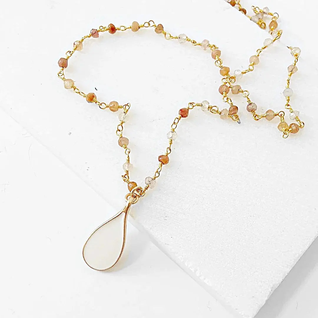 White Enamel Teardrop, Copper Rutile, 14 Gold Filled Necklace Regina McGearty