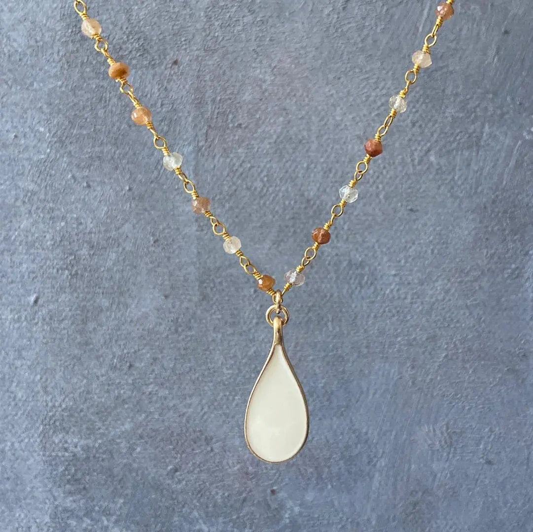 White Enamel Teardrop, Copper Rutile, 14 Gold Filled Necklace Regina McGearty