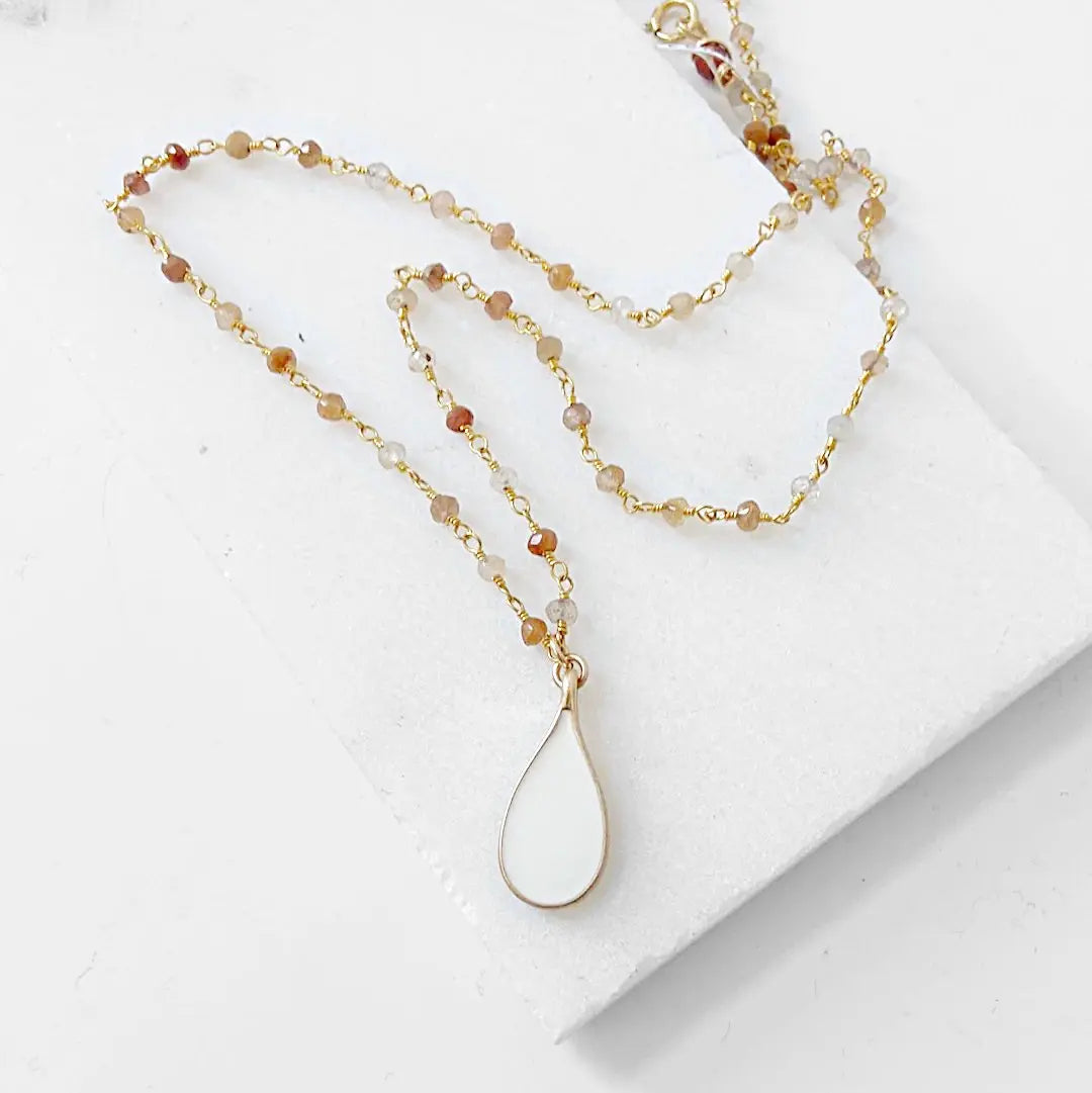 White Enamel Teardrop, Copper Rutile, 14 Gold Filled Necklace Regina McGearty