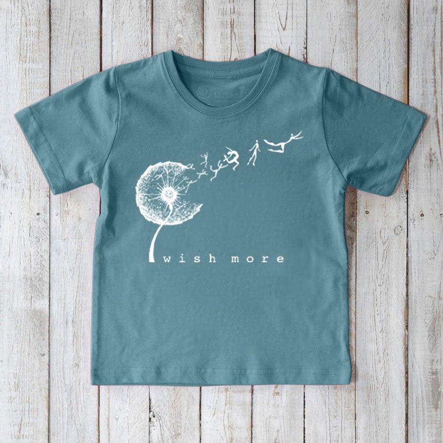 Kids' Dandelion Organic Cotton T-Shirt in teal blue with 'Wish More' nature-inspired graphic, eco-friendly flower tee by Uni-T.
