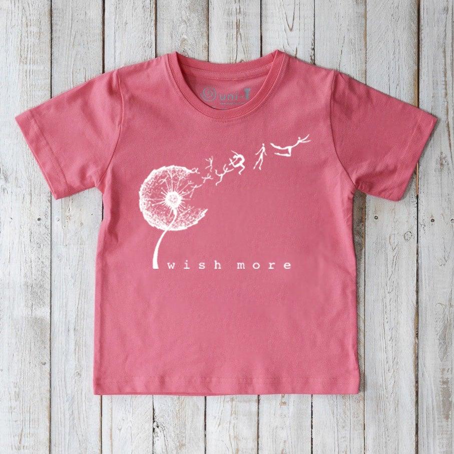 Pink Kids' Organic Cotton Dandelion T-Shirt featuring 'Wish More' positive message and sustainable flower design by Uni-T.