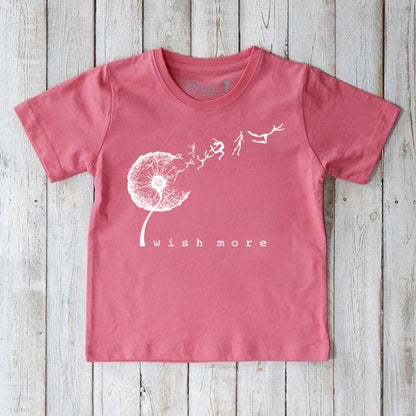 Pink Kids' Organic Cotton Dandelion T-Shirt featuring 'Wish More' positive message and sustainable flower design by Uni-T.