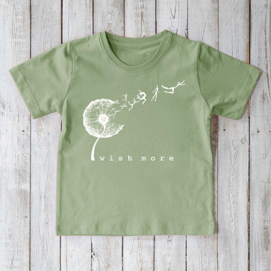 Green Kids' Dandelion Organic Cotton Tee with whimsical 'Wish More' graphic, nature-themed eco shirt by Uni-T for children.