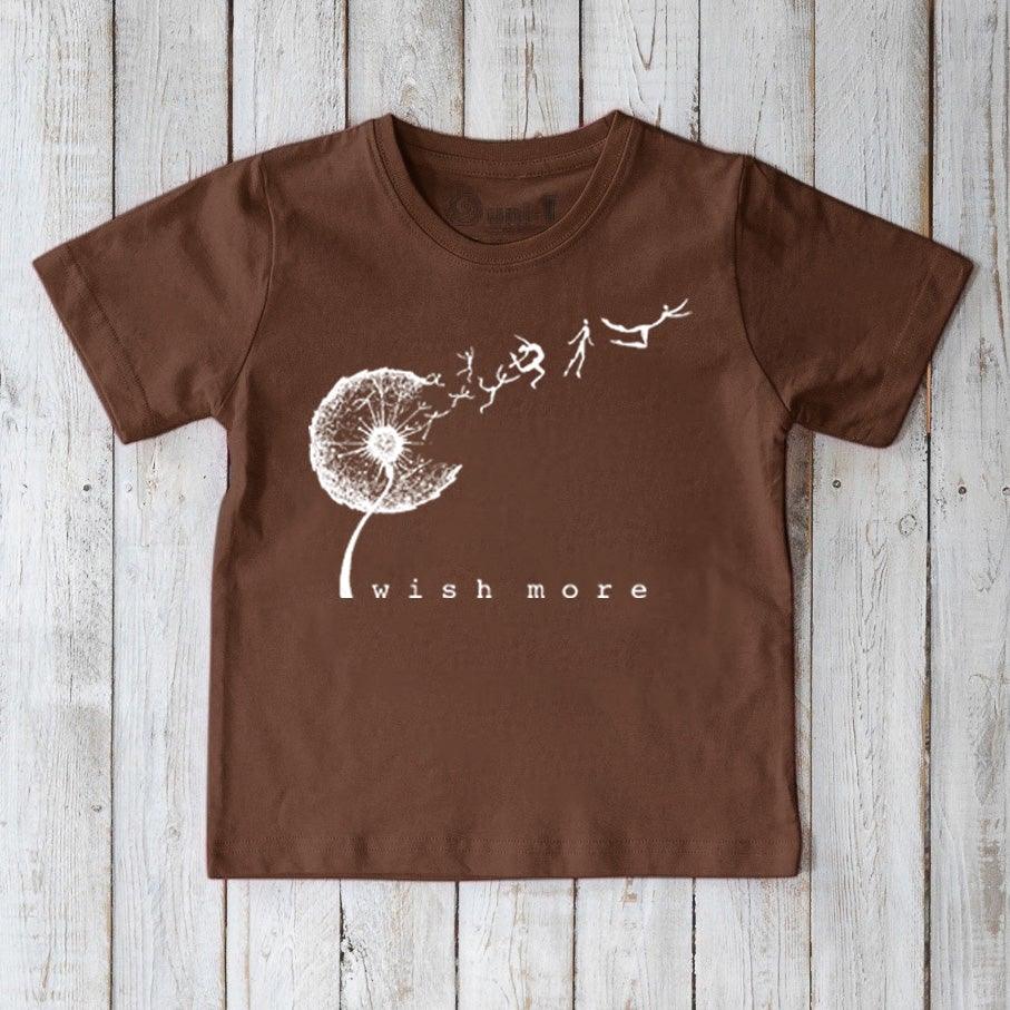 Brown Kids' Organic Cotton T-Shirt with white dandelion 'Wish More' graphic, sustainable and nature-inspired by Uni-T.