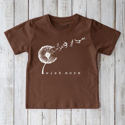 Brown Kids' Organic Cotton T-Shirt with white dandelion 'Wish More' graphic, sustainable and nature-inspired by Uni-T.