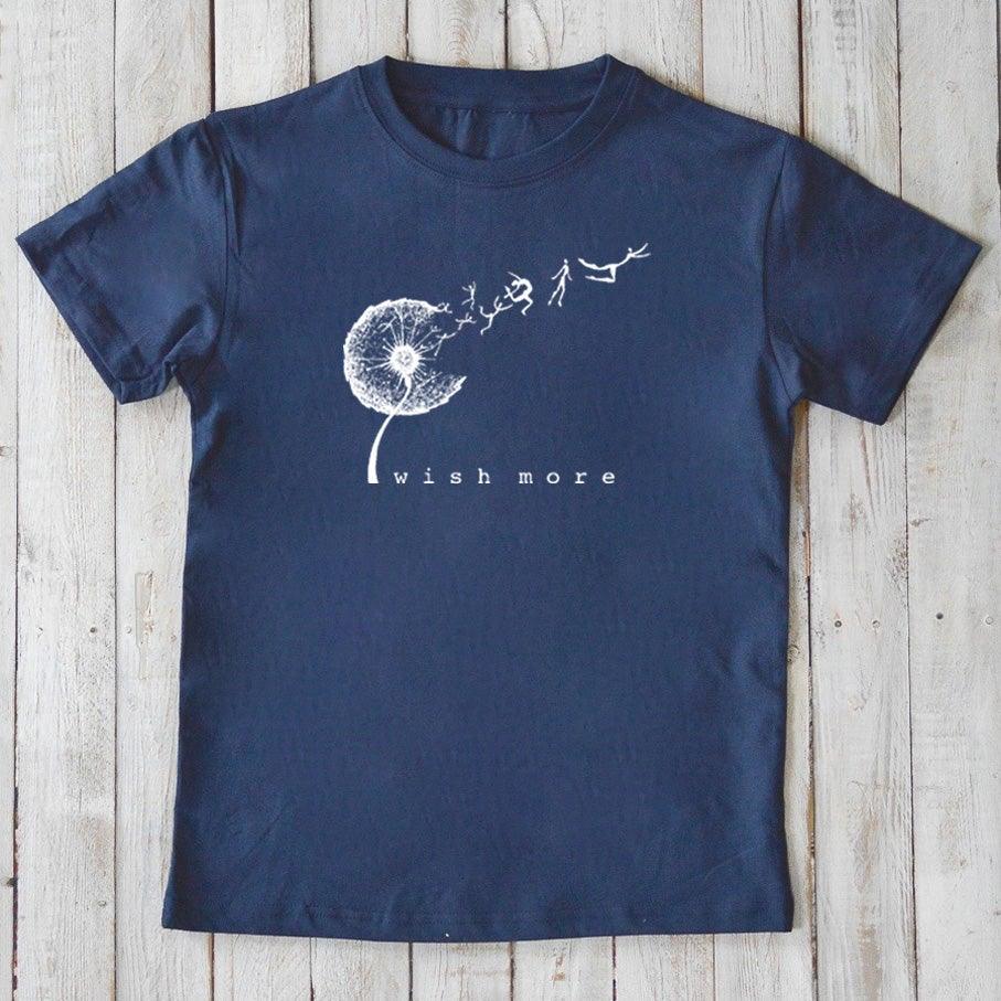 Navy blue Kids' Organic Cotton Dandelion Tee with 'Wish More' design, eco-friendly and positive vibe shirt by Uni-T.