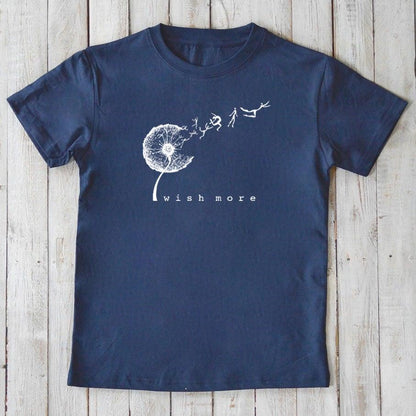 Navy blue Kids' Organic Cotton Dandelion Tee with 'Wish More' design, eco-friendly and positive vibe shirt by Uni-T.