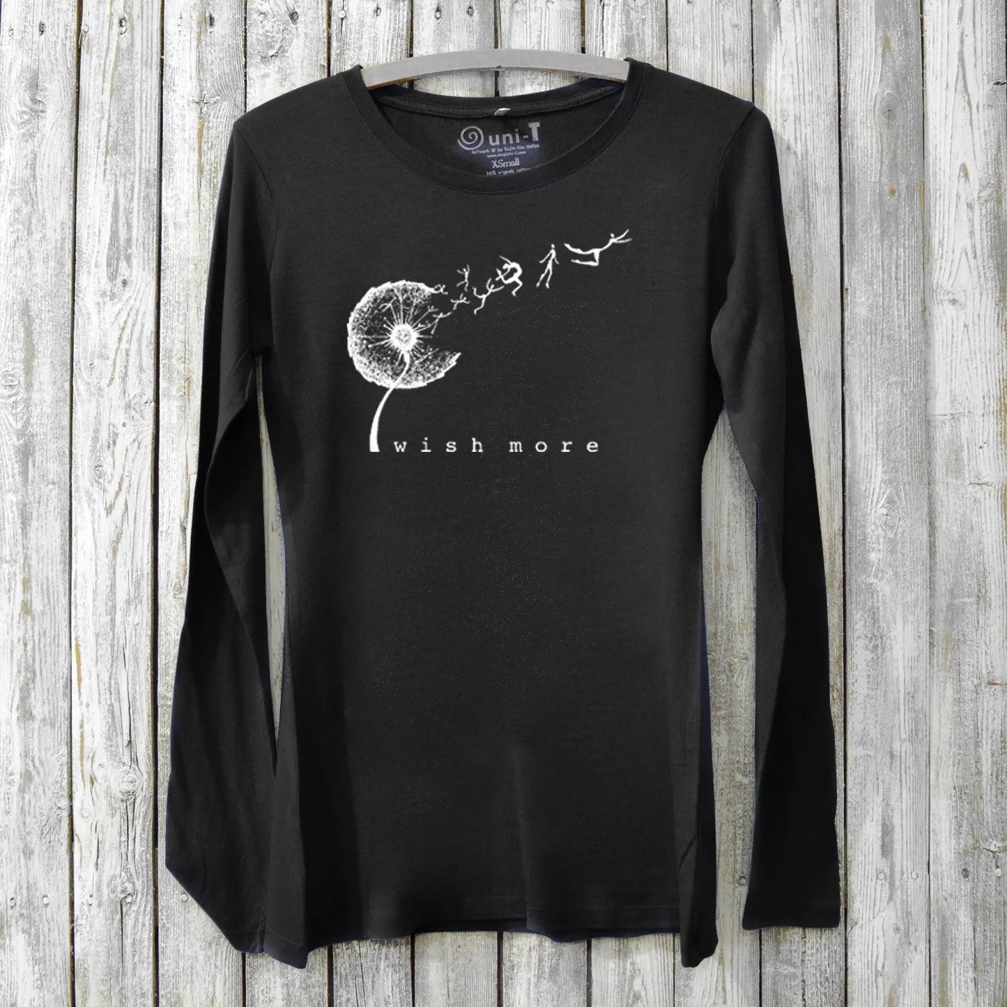 Women's Dandelion Long Sleeve T-Shirt in black bamboo and organic cotton with 'Wish More' graphic, ideal for eco-conscious inspirational gifting.